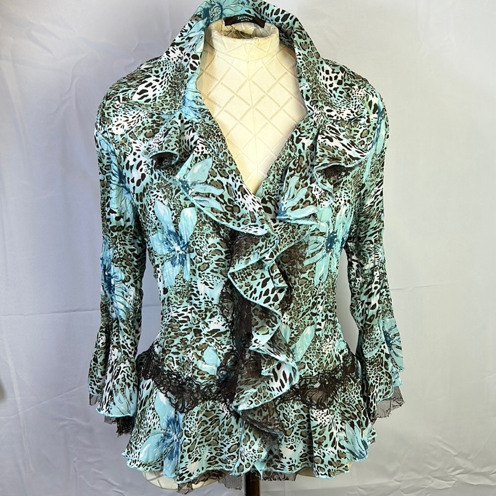 Belissimo Teal & Brown long sleeve shirt. Sz medium. Loop button down. Like new